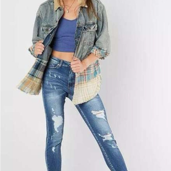 FREE PEOPLE women’s Distressed Sirius Denim Jean Plaid Contrast Shirt Jacket - Picture 11 of 15